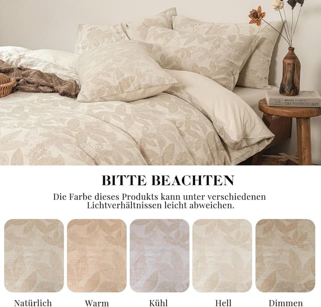 Thumbnail 6 de SOULFUL Leinen-Bettwäsche 155x220 (Jacquard, Boho Leaves) mit Kissenbezug 80x80, Öko-Tex 100