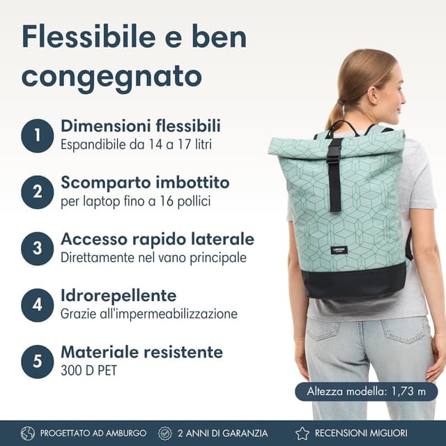 Detalle 2 de LARKSON Zaino Janne roll-top menta idrorepellente con tasca laptop (fino a 16")