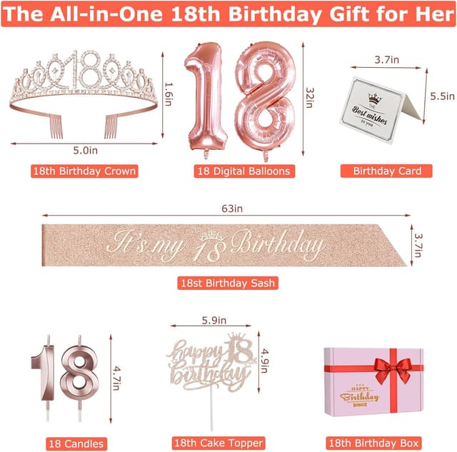 Detalle de 18th Birthday Decorations for Girls Set – Rose Gold 18 Tiara & Sash, Cake Topper, Candles, 18 Balloons