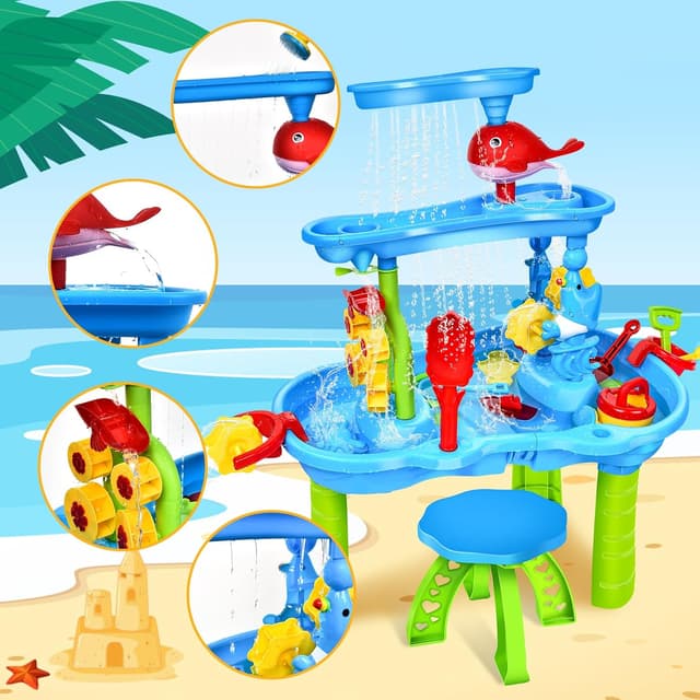 Detalle 2 de JONRRYIN Tavolo Acqua e Sabbia 3 Piani con sedia e accessori (modello Bleu)