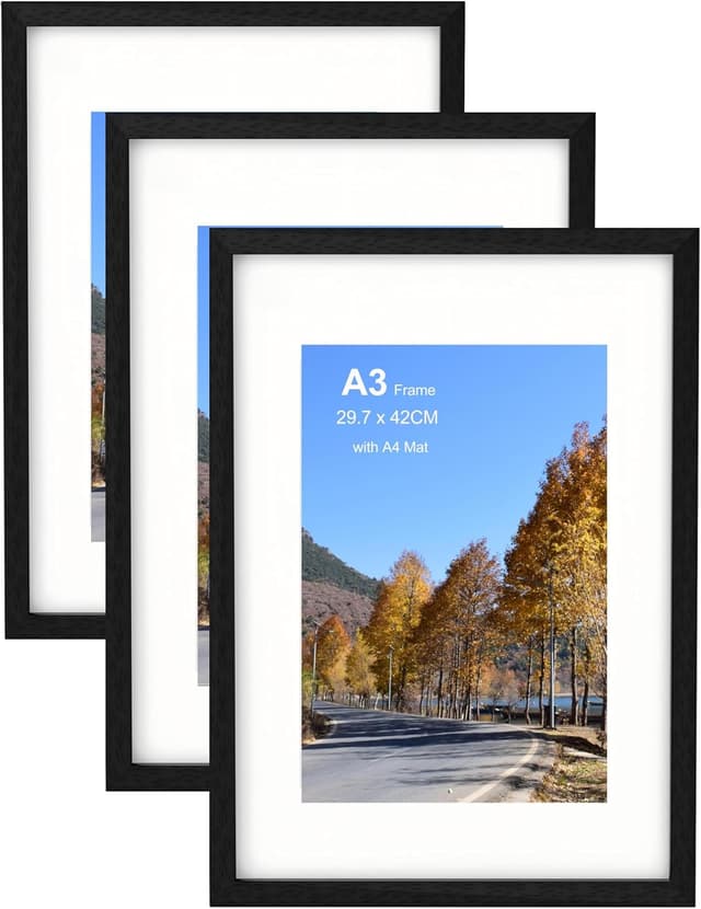 Detalle de Szyeequoo A3 Picture Frame 3 Sets with Clear Plexiglass – Matted to A4, Wall Hanging (Black)