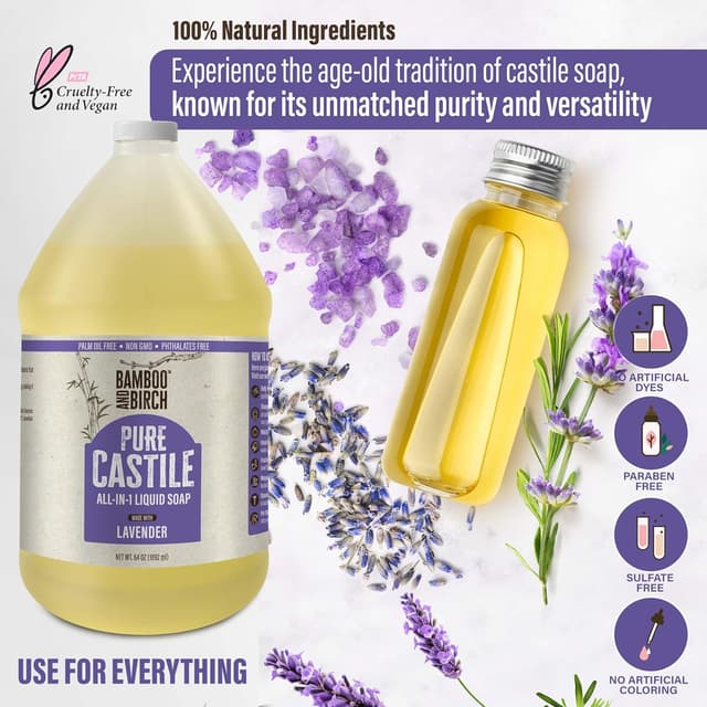 Detalle de Bamboo and Birch Pure Castile Soap Liquid (Lavender) — 64 oz, natural palm-oil-free liquid soap