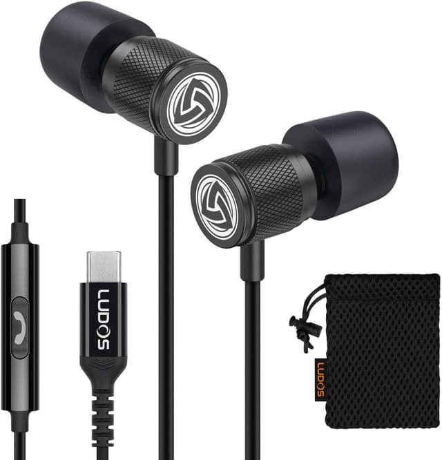 Detalle de Ludos Ultra USB-C Headphones (Magnetic USB-C Earbuds) in Black – wired earbuds with microphone and 5-year warranty