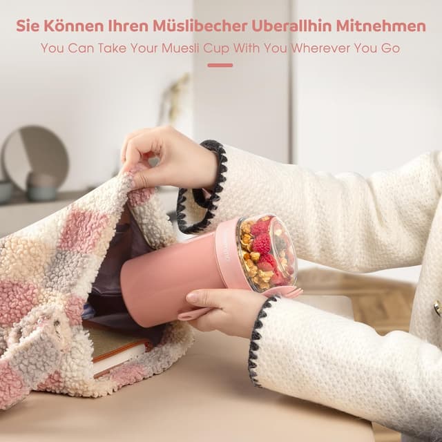 Detalle de Mitsemmo Müslibecher to Go 760 ml + 230 ml (Rosa) – Müsli- & Joghurtbecher mit Löffel und Dose