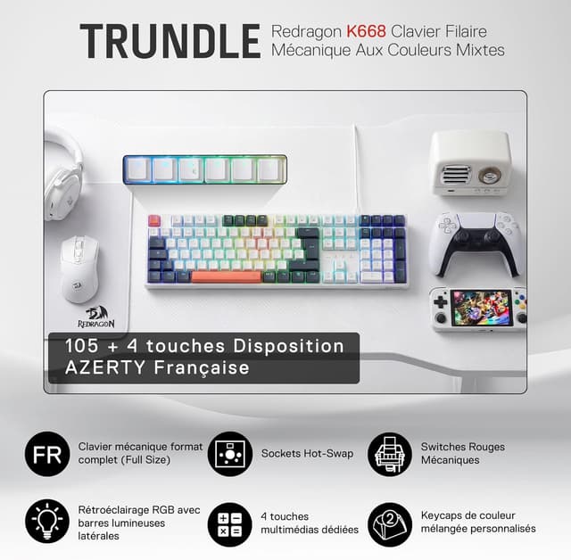 Detalle de Redragon K668 clavier gaming mécanique filaire AZERTY 105+4, RGB et interrupteurs rouges remplaçables à chaud