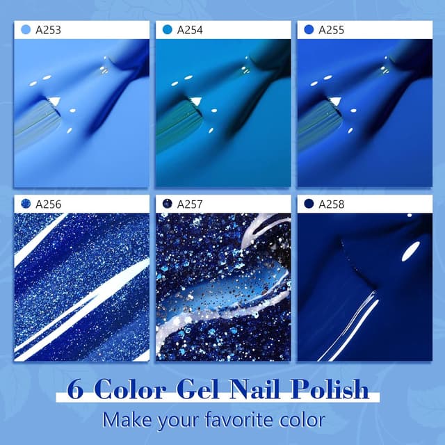 Detalle de Shining She UV Gel-Nagellack Blau Set (6 Farben) – Glitzer & Marineblau, Soak-Off für DIY & Salon
