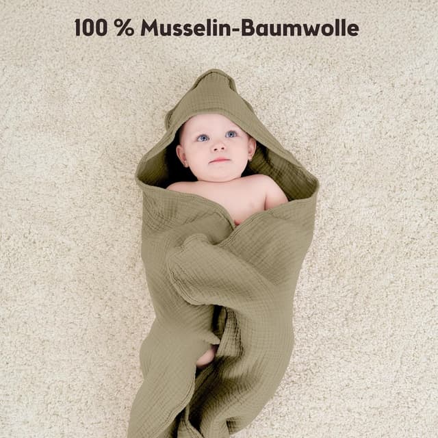 Detalle de Susurration Baby Handtuch mit Kapuze (4-lagig, Musselin-Baumwolle) – 2er-Set mit Dinosaurier-Motiv