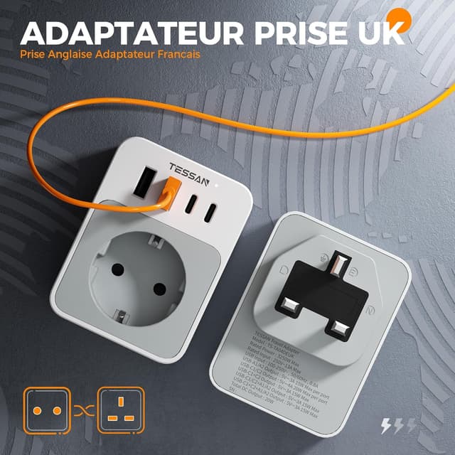 Detalle de TESSAN Adaptateur prise anglaise 5 en 1 type G avec 2 USB-C et 2 USB-A (3250W) pour Royaume-Uni, Irlande, Dubaï