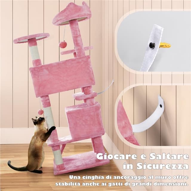 Detalle de Yaheetech Albero tiragraffi per gatti da 137 cm con 2 casette e 2 palline in peluche (sisal naturale) rosa