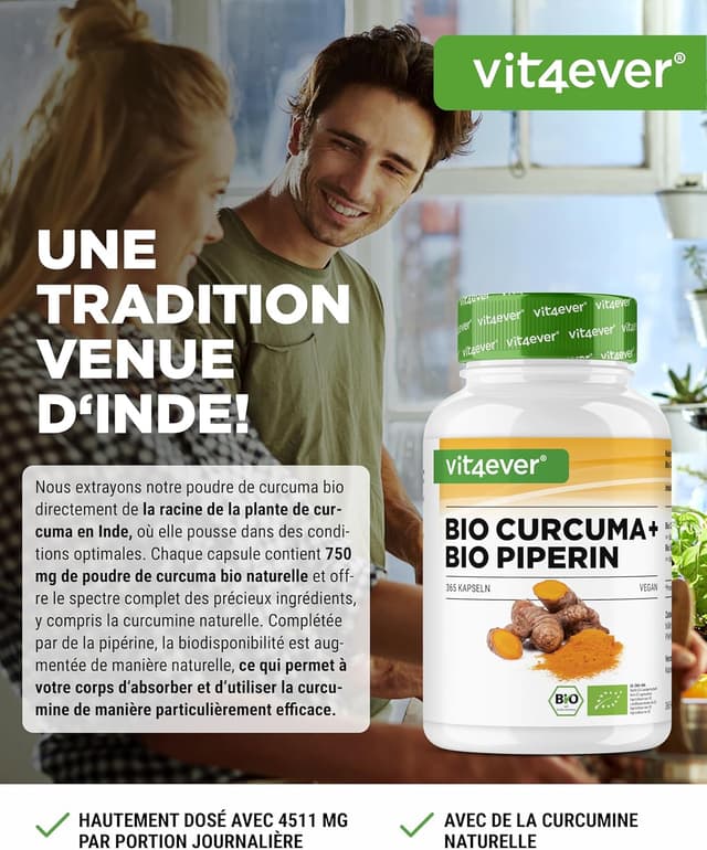 Detalle 2 de vit4ever Curcuma Bio au Poivre Noir – 365 capsules véganes, curcumine & pipérine