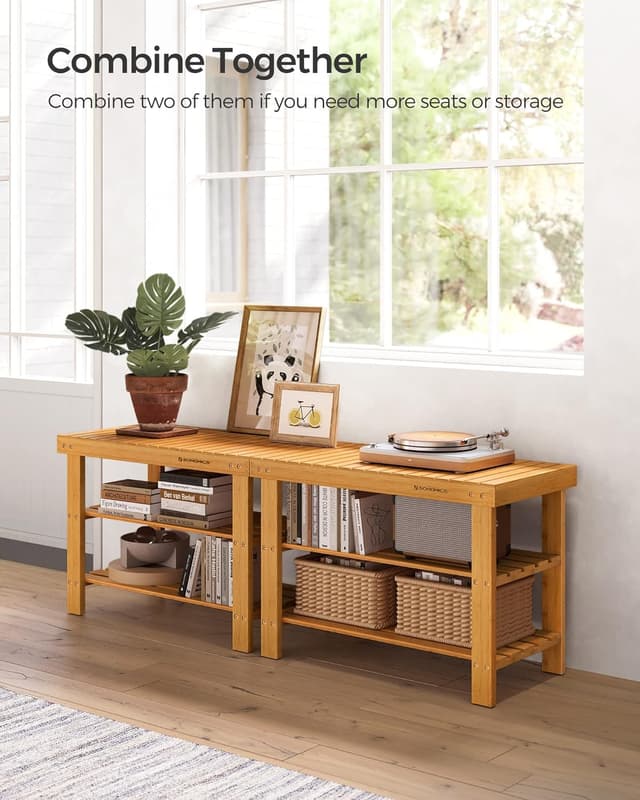 Detalle 2 de SONGMICS Shoe Rack Bench (ULBS04N) 3-Tier Bamboo Storage Organizer Bench for Entryway