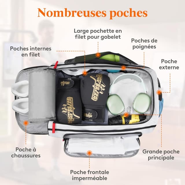 Detalle de Sac de sport Lifewit 40L avec compartiment chaussures et 3 modes de port (gris argenté) – 55 x 36 x 20 cm