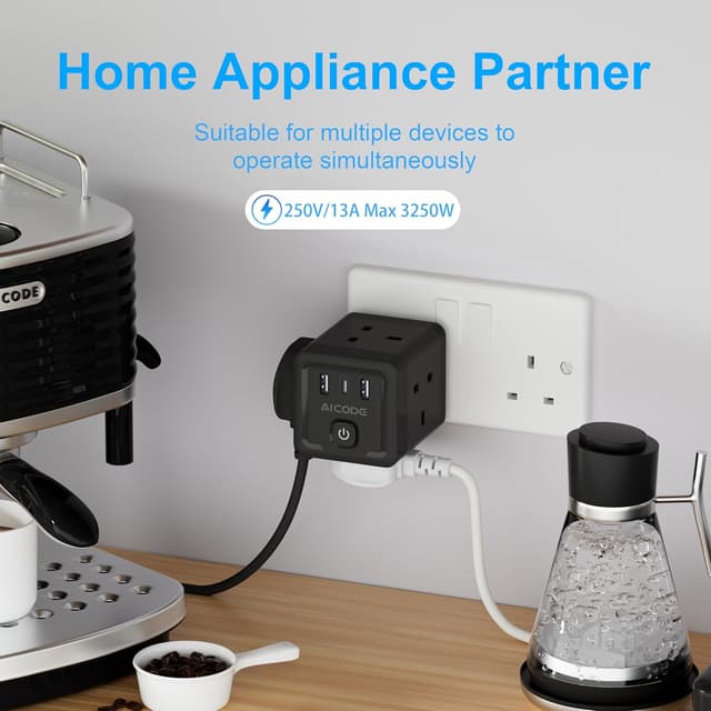 Detalle de AICODE 4-Way Multi Plug Adapter with 3 USB (USB-C + 2×USB-A) and Switch, 13A 3250W UK 3-Pin Cube Socket, Black