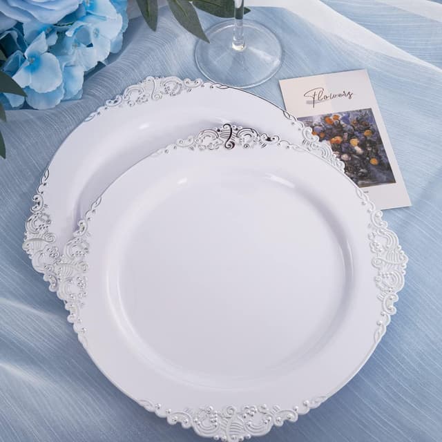 Detalle de Hioasis 100pcs White Silver Plastic Plates (10.25in) — Disposable Heavy-Duty Dinner Plates for Thanksgiving and Holiday Gatherings