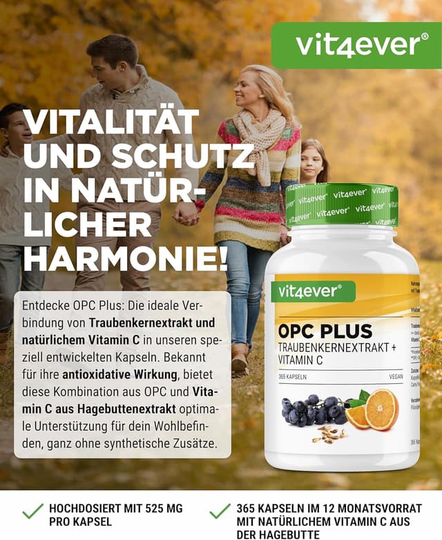 Detalle 2 de vit4ever OPC Traubenkernextrakt + natürliches Vitamin C – 365 Kapseln für 12 Monate (OPC nach HPLC, vegan)