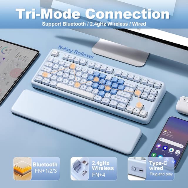 Detalle de YUNZII B87 drahtlose mechanische Tastatur (QMK/VIA, Gasket, RGB, BT5.0/2.4G/USB‑C) mit Soft-Touch-Wrist Rest