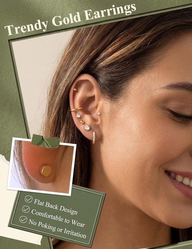 Detalle 2 de Jstyle Hypoallergenic 14K Gold Plated Studs for Sensitive Ears