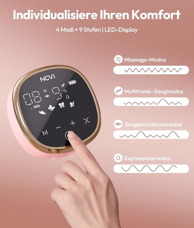 Detalle de NCVI elektrische Milchpumpe mit 4 Modi, 9 Stufen, 40 dB & Anti-Rückfluss – USB-ladbar (inkl. Beutel & Stilleinlagen)