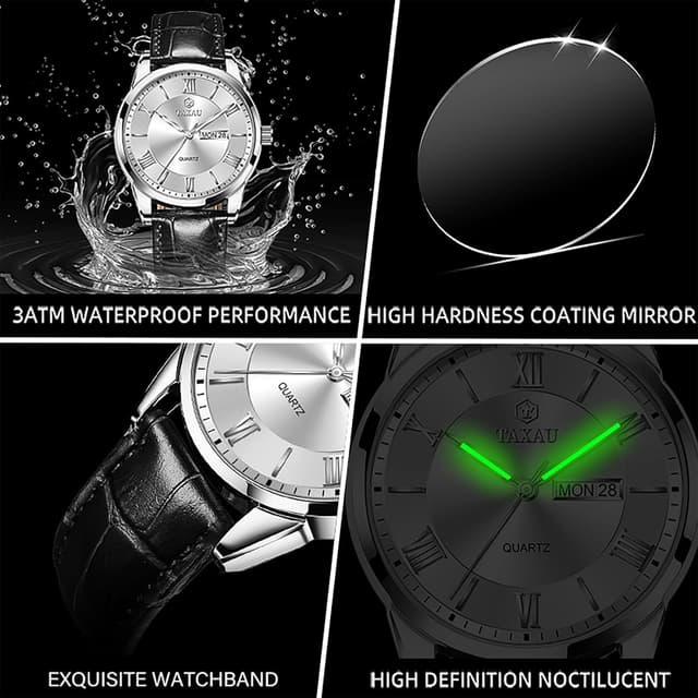 Thumbnail 6 de Taxau Herrenarmbanduhr aus Leder mit großem Zifferblatt, Quarzwerk, Datum und 3ATM-Schutz