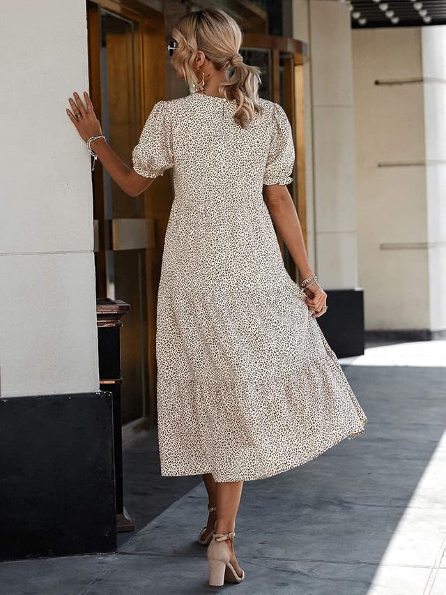 Detalle de PRETTYGARDEN 2026 Floral Boho Midi Summer Dress with Puff Short Sleeves