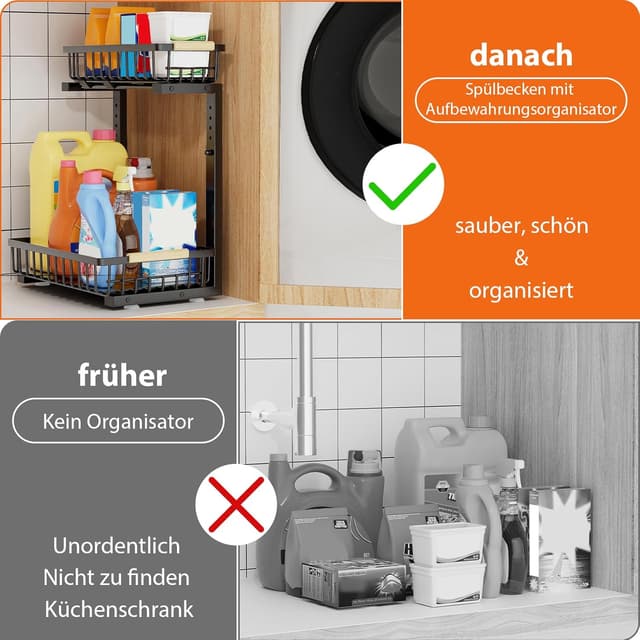 Thumbnail 6 de OUUTMEE Küchen Organizer für unter dem Spülbecken – 2er-Set, höhenverstellbar 35,5–43 cm, Metall schwarz