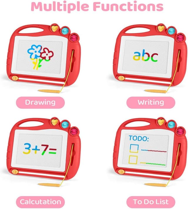 Detalle de OFFCUP Magnetic Drawing Board for Toddlers (Red) – Portable doodle pad with pen and stamps, ages 1+