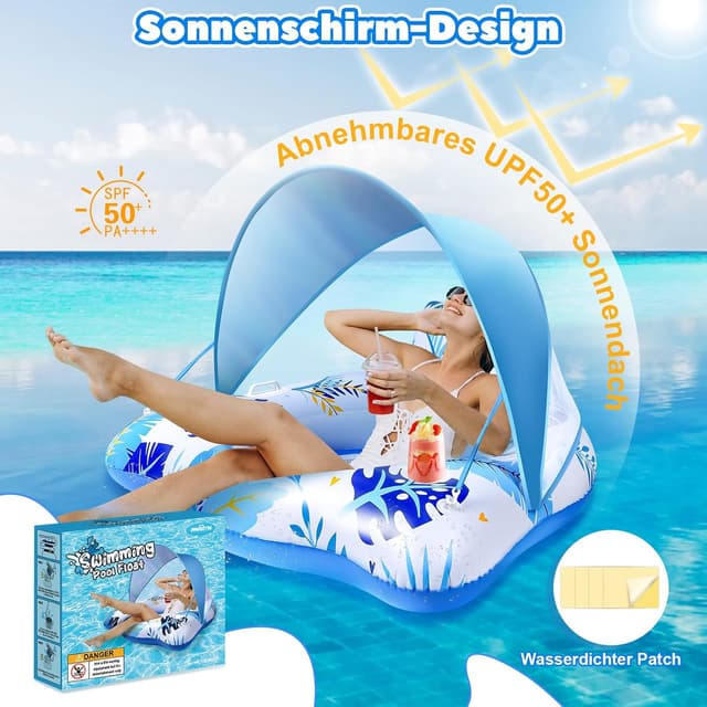 Detalle 2 de JONRRYIN aufblasbare Pool-Luftmatratze/Schwimmsessel mit Sonnendach, Rückenlehne und 2 Getränkehaltern