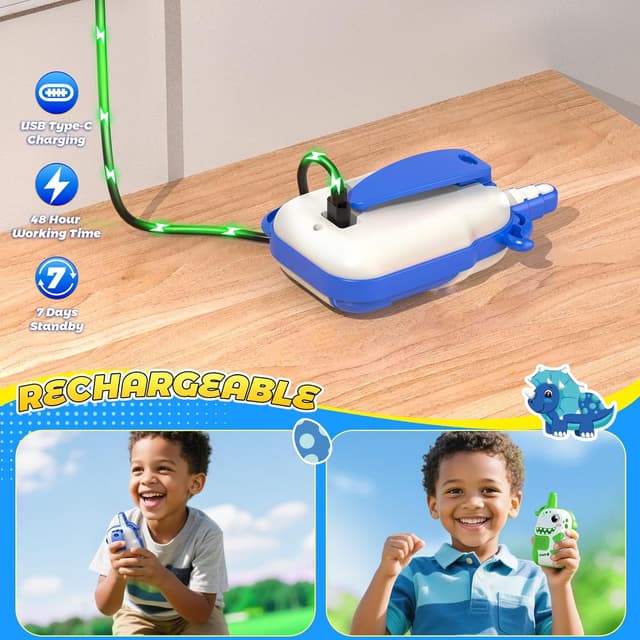 Detalle de Kinder Walkie-Talkie mit USB-Laden – Dinosaurier-Funkgeräte-Set für Jungen (ab ca. 3–8 Jahren)