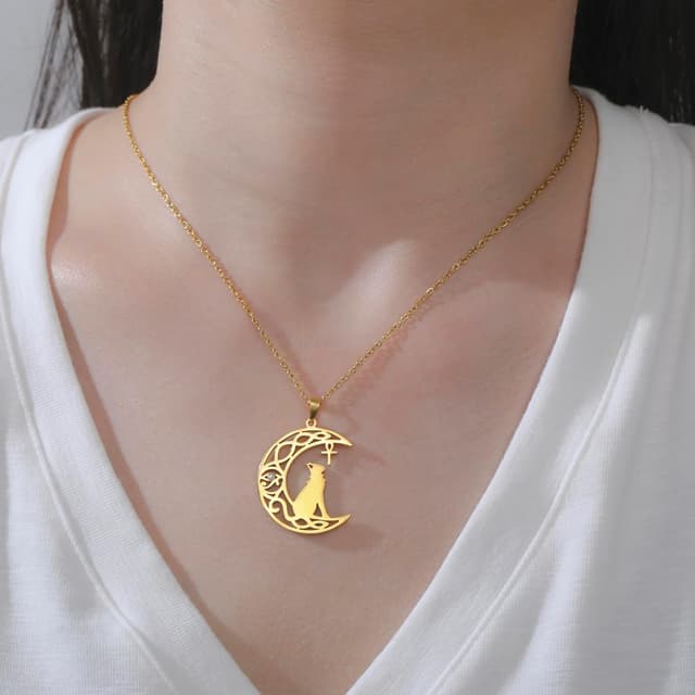 Detalle de VASSAGO Ägyptische Ankh-Halskette aus Edelstahl mit Bastet-Katze und Auge des Horus-Anhänger