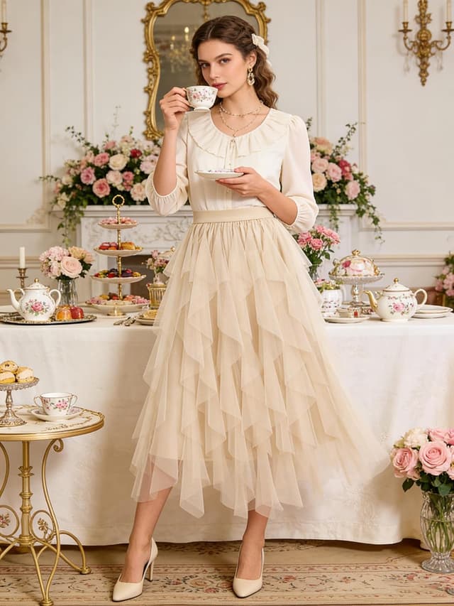 Thumbnail 2 de Girstunm Tüllrock Midi Hoch Tailliert