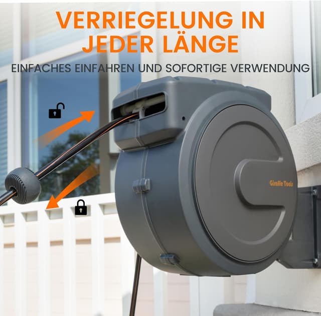 Detalle de Giraffe Tools wandmontierte Schlauchbox 35 m inkl. 2 m Anschlussschlauch – automatischer Gartenschlauch-Aufroller mit 180° Schwenkarm und 7 Musterdüsen