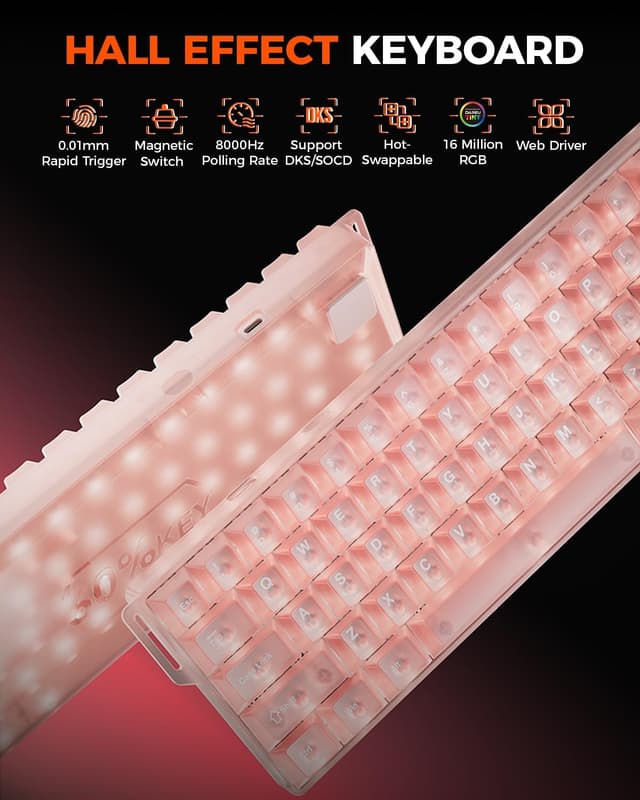 Detalle de DAREU COOL60 rosa tastiera gaming 60% 8K Hz con key trasparenti e RGB