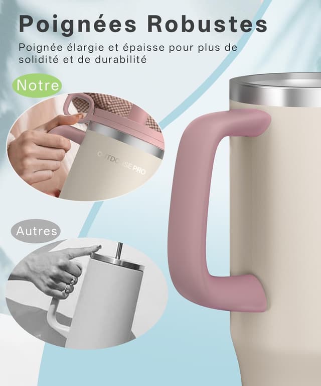Detalle de Mug Isotherme Isotherme avec paille et poignée 1200 ml, couvercle étanche (beige)
