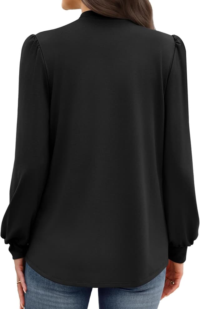 Detalle de WIHOLL long sleeve mock neck pleated blouse for women – business loose fit top