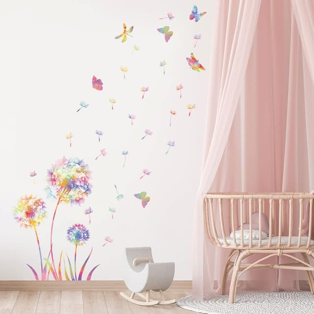 Detalle de KAIRNE Größe Wandtattoo Pusteblume mit Blumen & Schmetterling – bunte Wandsticker für Kinderzimmer & Schlafzimmer