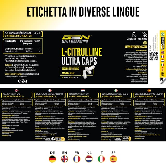 Detalle 2 de L-Citrullina Ultra Caps di DL-malato 2:1 – 365 capsule ad alto dosaggio (1.100 mg/capsula)