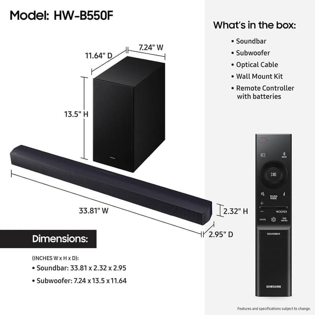 Detalle de Samsung B-Series Soundbar HW-B550F (2025 Model) 2.1-Ch DTS Virtual:X with Subwoofer
