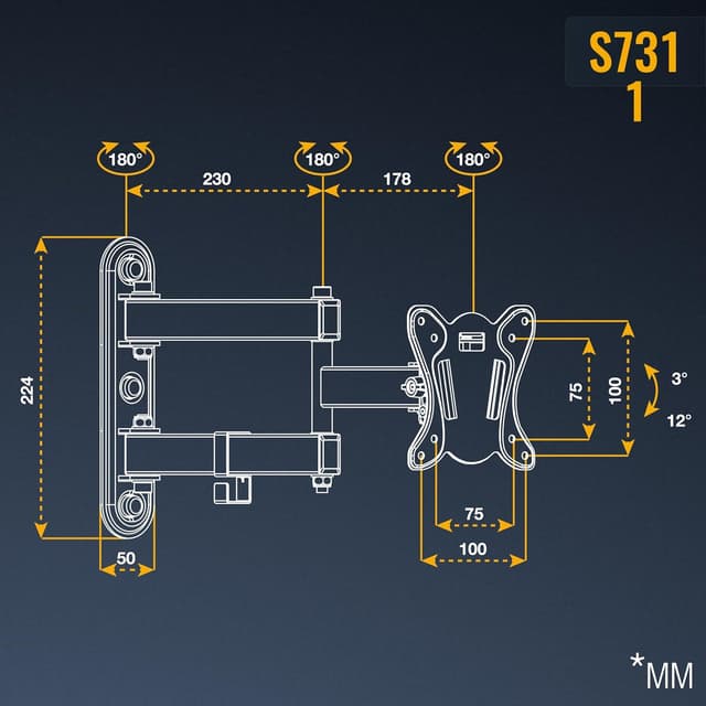 Detalle 2 de Support mural TV/écran RICOO S7311 13–27" (33–69 cm) orientable et inclinable VESA 100×100