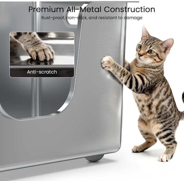 Detalle de PTLOM Stainless Steel Cat Litter Tray (High Sides, Low Entry) with Wheels – L 58x38x30cm