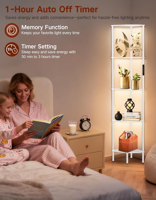 Detalle de OUTONLIFE 5 Tier Corner Floor Lamp with Shelves (LED, Touch & Remote, Dimmable, White)