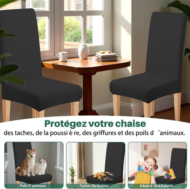 Detalle de Dioxide housse de chaise extensible pour salle à manger – lot de 4 pièces (noir)