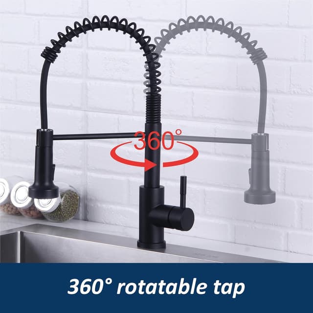 Detalle de HOTTIST Sink Mixer Tap with Pull Down Sprayer, Spring Kitchen Faucet in Black (Single Lever, 360° swivel, 2-spray mode)