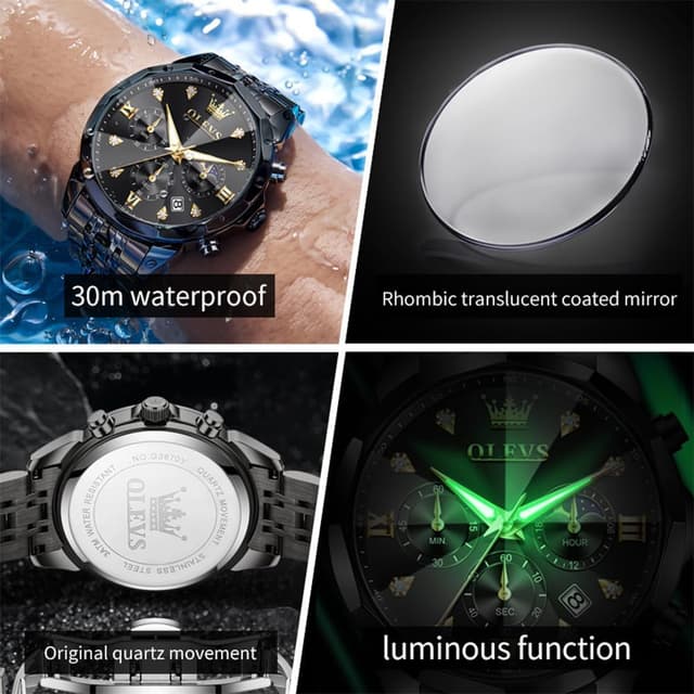 Detalle de OLEVS Herren Quarz Business-Uhr mit Chronograph, Mondphase & Datum – wasserdicht, Edelstahl