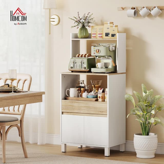 Detalle 2 de HOMCOM Meuble micro-ondes avec buffet et rangement 60 x 40 x 131 cm chêne et blanc