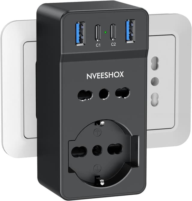 Detalle de NVEESHOX multipresa 6-in-1 da muro con 1 Schuko + 1 presa IT, USB-C PD 20W e protezione