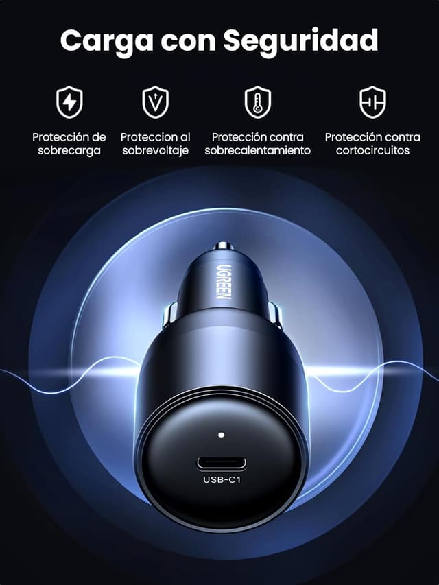Detalle 2 de UGREEN Cargador Coche 150W ⚡ Carga Rápida con 4 Puertos