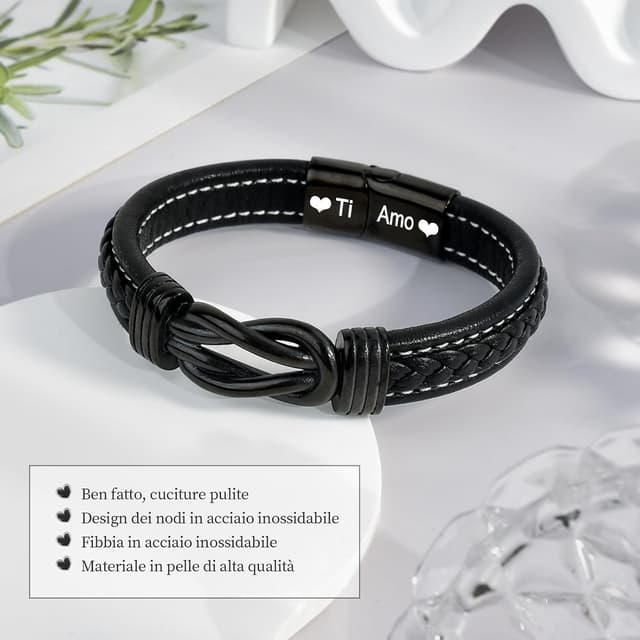 Detalle de Bracelet homme en cuir YELUWA avec fermoir magnétique et carte romantique « À mon homme »