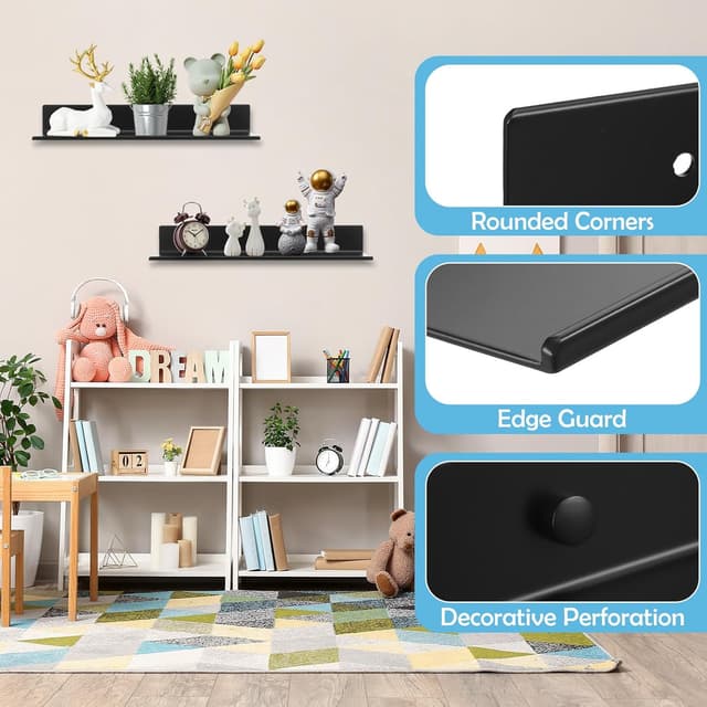 Detalle de JIZZU schwebende Wand-Badregale (2 Stück), schwarz, selbstklebend, ohne Bohren – Metallregale für Bad, Küche, Wohnzimmer & Büro