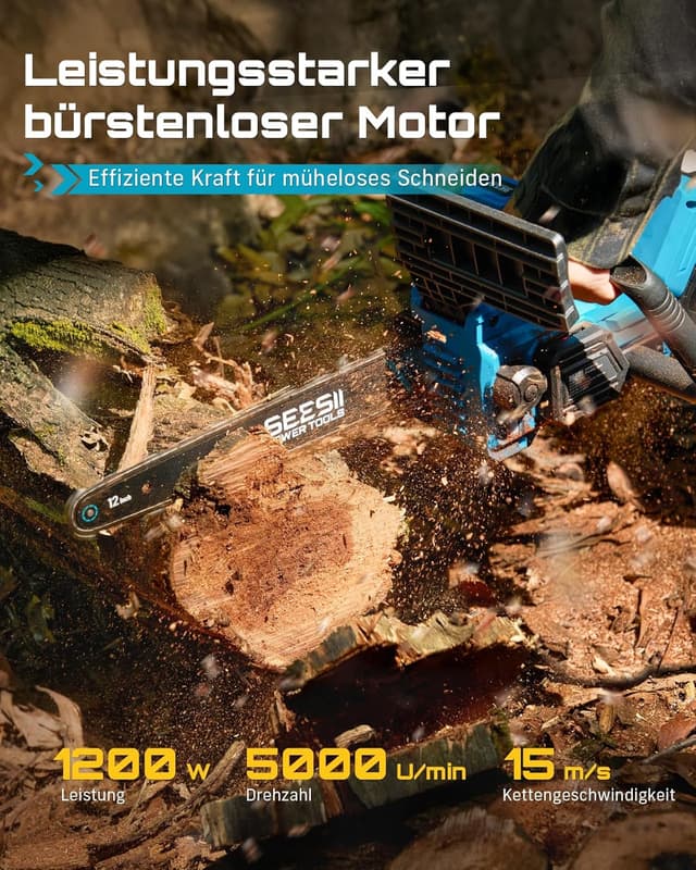Detalle 2 de SEESII Akku Kettensäge 12 Zoll mit 1200 W