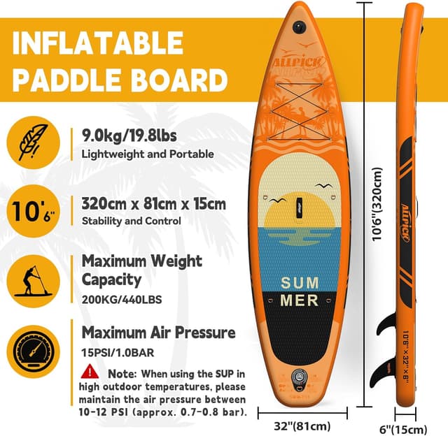 Detalle de ALLPICK Premium SUP-Board Set (aufblasbar) mit universalem Kamerahalter, 3-teiligem verstellbarem Paddel und Zubehör bis 200 kg